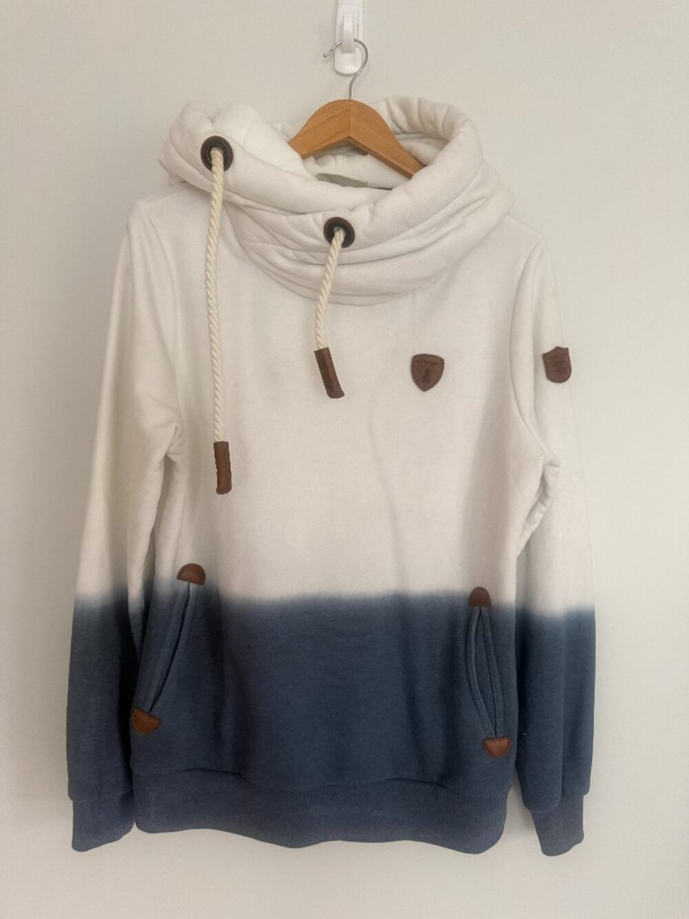 Wanakome Women Blue White Hooded Long Sleeves Pullover Top Size L
